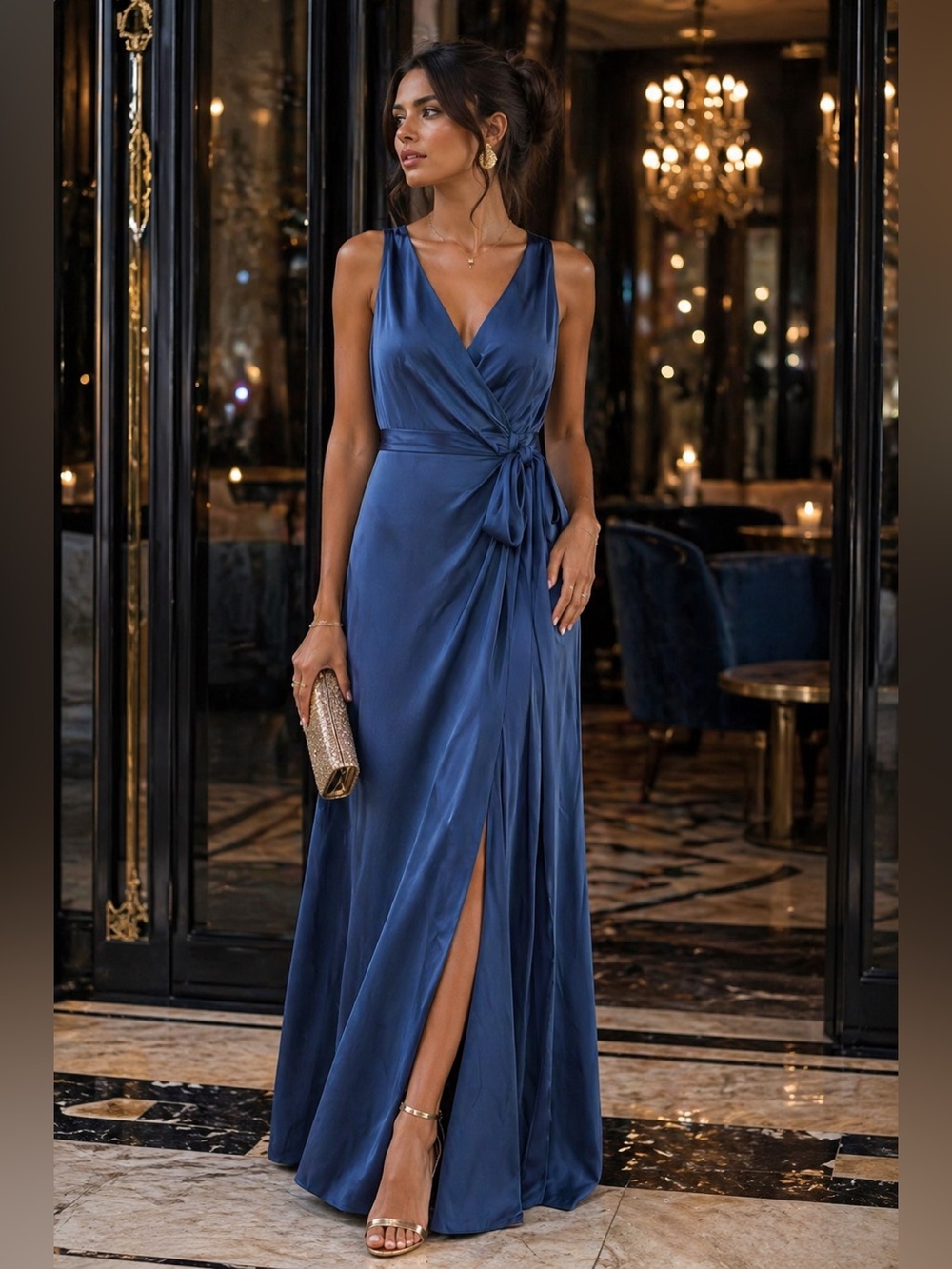 Carla G Blue Faux Wrap Maxi Dress with Side Slit